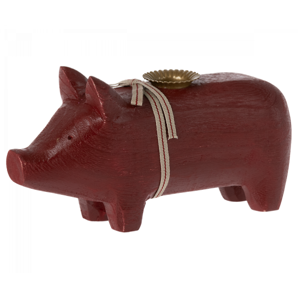 Rotājums - svečturis Wooden pig Medium Red Maileg